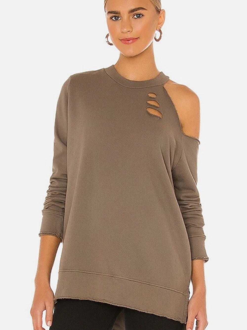 LA Made Taupe Cold-Shoulder Distressed Pullover Sweatshirt from REVOLVE